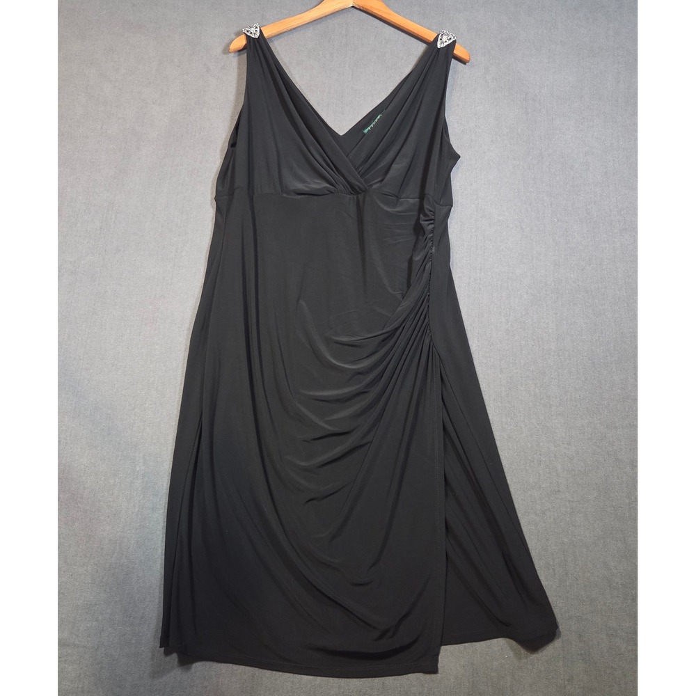 Lauren Ralph Lauren Evening Dress Womens 14W Black Ruched Rhinestone Brooch